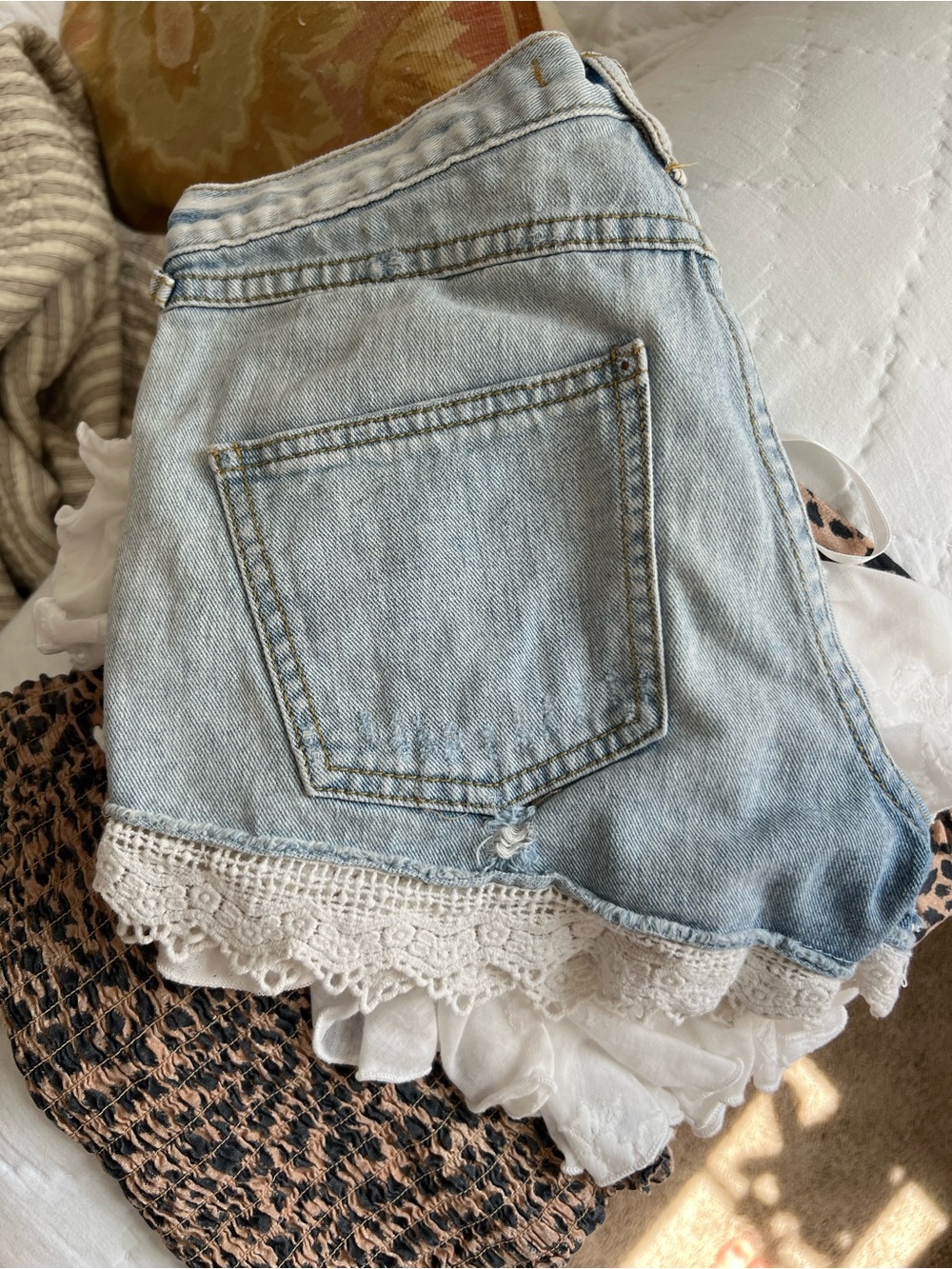Free People Light Blue Denim Shorts with Crochet Trim